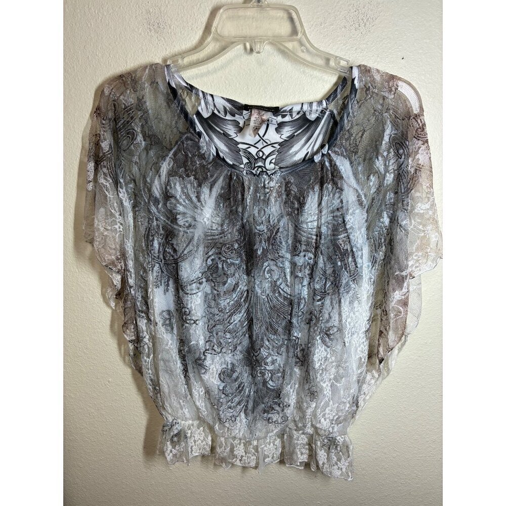 Brittany Black Blouse Lined Lace Boho Business Casual Y2K Summer White Sz Small